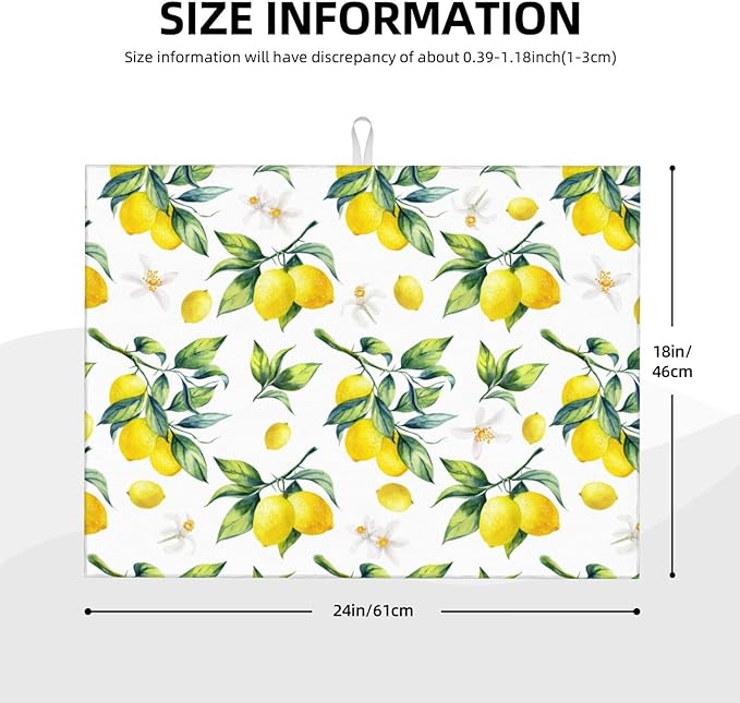 Tropical Lemon Leaves Dish Drying Mat, Highly Absorbent Microfiber Kitchen Counter Pad Reusable Washable, 18*24"