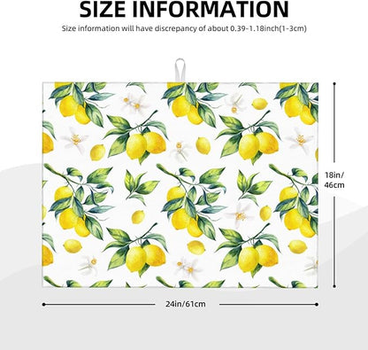 Tropical Lemon Leaves Dish Drying Mat, Highly Absorbent Microfiber Kitchen Counter Pad Reusable Washable, 18*24"