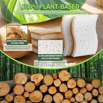 Sponges Kitchen Natural Dish Sponge Plant-Based Biodegradable Compostable Cellulose with Coconut Scrubber Sponge Non Scratch Eco Friendly Kitchen sponges for Kitchen Dishes