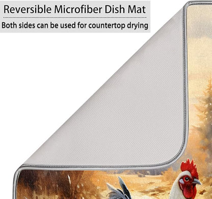Honeybaby Dish Drying Mat Rooster Hen Chickens Dish Drying Mats for Kitchen Counter Absorbent Kitchen Drying Mat Dish Rack Mat 18x24 inches