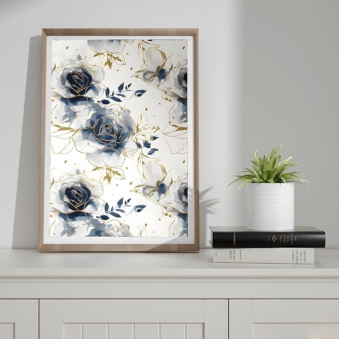 White Floral Wallpaper Peel and Stick Watercolor Blue/Golden Flower Contact Paper Modern Wall Paper Waterproof Self-Adhesive Wall Covering for Bedroom Countertop Desk Cabinets Decor 17.4" x 118"