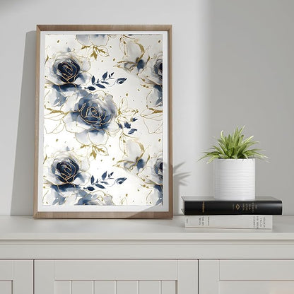 White Floral Wallpaper Peel and Stick Watercolor Blue/Golden Flower Contact Paper Modern Wall Paper Waterproof Self-Adhesive Wall Covering for Bedroom Countertop Desk Cabinets Decor 17.4" x 118"
