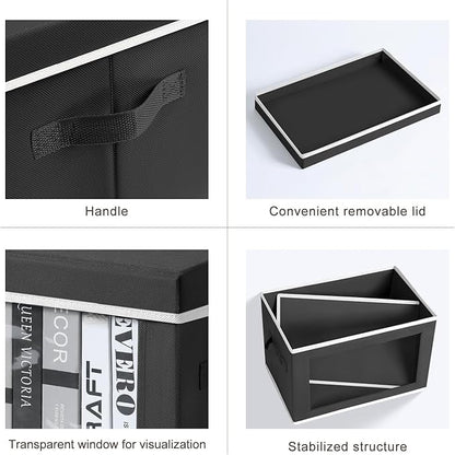 Storage Boxes with Lids - 5 Pack Foldable Clear Window Storage Bins, Large Decorative Storage Bins with Handles, Storage Containers for Clothes, Towel, Blanket, Sheet, Black