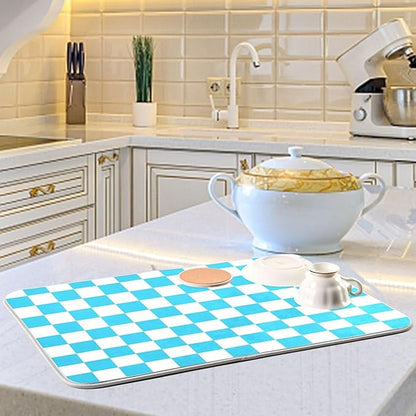Turquoise Chessboard Dish Drying Mat for Kitchen Countertop 18x24 Teal Plaid Checkered Rectangle Large Drying Mat Reusable Quick Dry Dish Sink Absorbent Mats Easy Clean Decorative Home Essentials