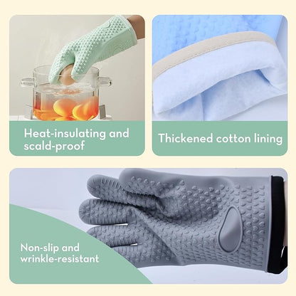 Silicone Oven Mitts Heat,1 Pair Non-Slip Five-Finger Oven Gloves, Waterproof Flexible BBQ Grilling Gloves with Hanging Loops, Kitchen Mitts for Baking Cooking Frying (White)