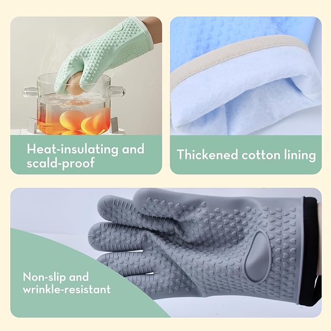 Silicone Oven Mitts Heat,1 Pair Non-Slip Five-Finger Oven Gloves, Waterproof Flexible BBQ Grilling Gloves with Hanging Loops, Kitchen Mitts for Baking Cooking Frying (Green)