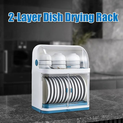 2-Layer Kitchen Dish Rack Drain Bowl Cup Plate Dish Drying Drainer with Cover