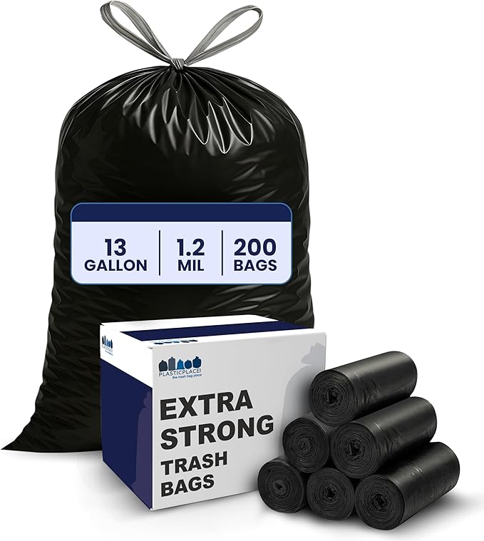 Plasticplace 13 gallon Extra Tall Drawstring Kitchen Trash Bags | Black 1.2 Mil, 24"W x 31"H (200Count)