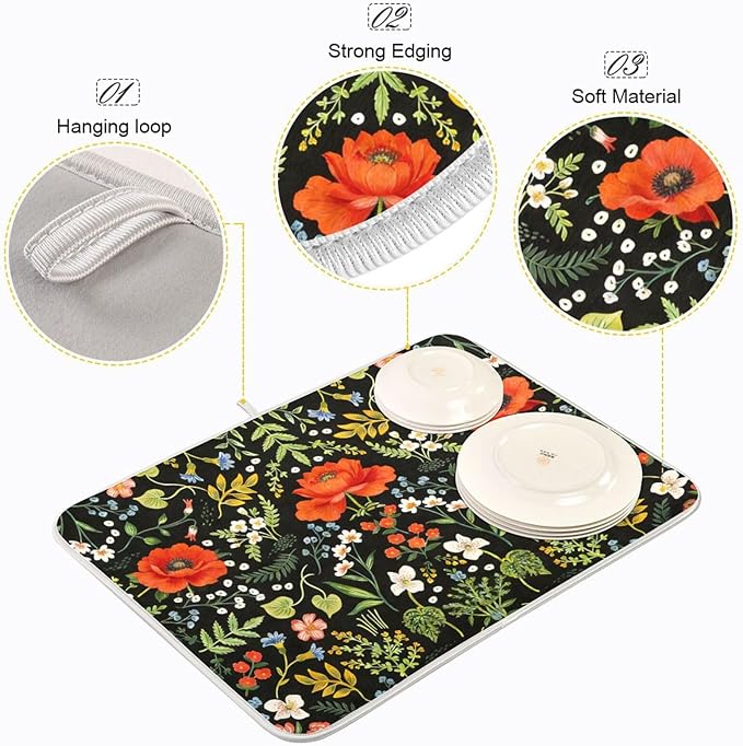 Colorful Floral Large Dish Mat Absorbent Drying Mats for Countertop 18 x 24 Inches Kitchen Dry Mat for Dishes