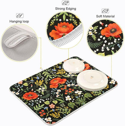 Colorful Floral Large Dish Mat Absorbent Drying Mats for Countertop 18 x 24 Inches Kitchen Dry Mat for Dishes