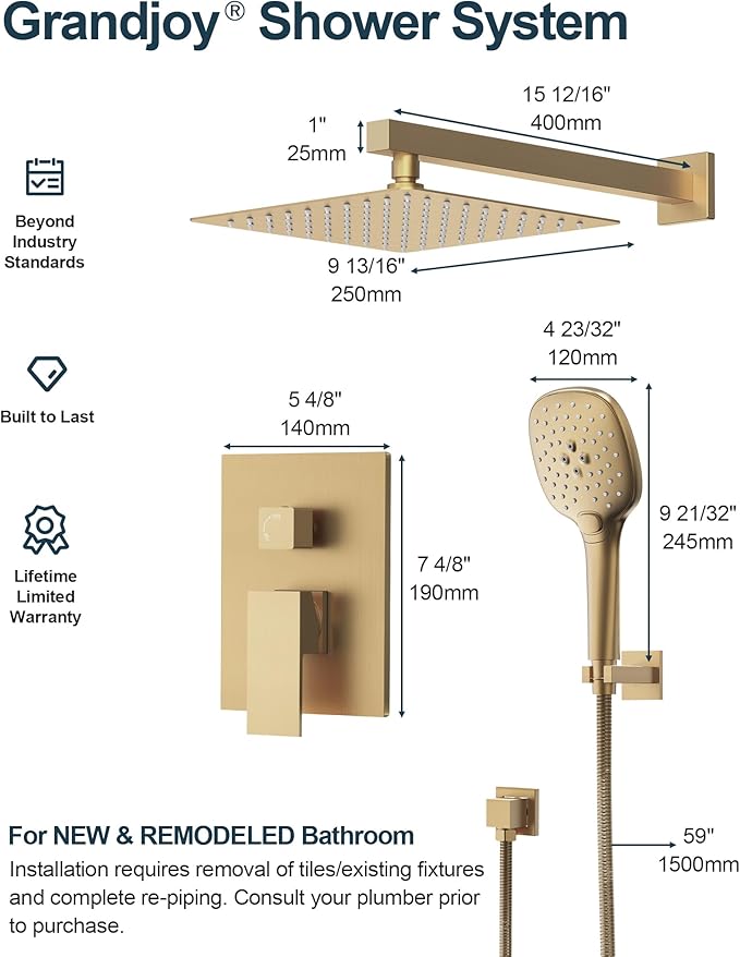 Double Handle High Pressure 3 Spray Shower Faucet Set with Valve 10 Inch Wall Mount Brushed Gold