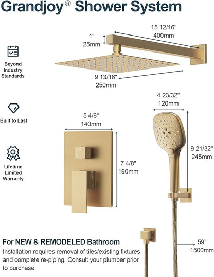 Double Handle High Pressure 3 Spray Shower Faucet Set with Valve 10 Inch Wall Mount Brushed Gold