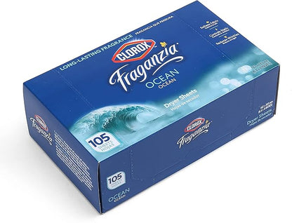 Clorox Fraganzia Fabric Softener Dryer Sheets, Wrinkle Reducing and Anti Static Laundry Dryer Sheets for Great Smelling Clothes, Softens Fabrics, Fresh Ocean Scent, 105 Count