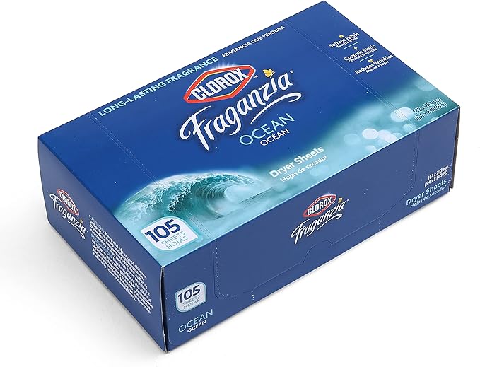 Clorox Fraganzia Fabric Softener Dryer Sheets, Wrinkle Reducing and Anti Static Laundry Dryer Sheets for Great Smelling Clothes, Softens Fabrics, Fresh Ocean Scent, 105 Count - 6 Pack
