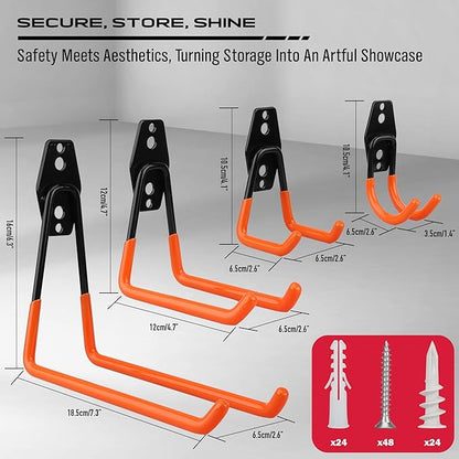 Garage Tool Storage Wall Hook Assortment Set: 15PCS Heavy Duty Large Hanger Garden Tool Organizer Ladder Bike Rack Yard Tool Holder Shed Shovel Metal Screw Organization Bicycle Steel Bracket, Orange