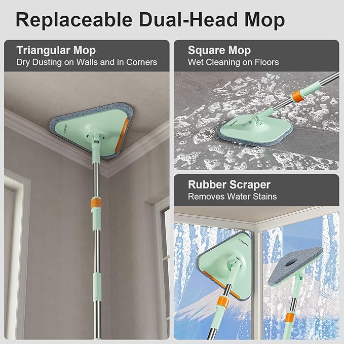 Mop and Bucket Set | Spin Mop with Dual-Tank Clean/Dirty Water Separation | 4 Microfiber Pads for Deep-Cleaning Floors | Versatile Mops Triangular Head for Walls