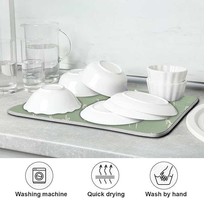 Sage Green Dish Drying Mat Quick Absorbent 16x18 Doodled Botany Flowers Leaves Herbs Plants Kitchen Drying Mat for Countertop Sink Reusable Dishes Mats Kitchen Essentials