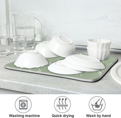 Sage Green Dish Drying Mat Quick Absorbent 18x24 Doodled Botany Flowers Leaves Herbs Plants Kitchen Drying Mat for Countertop Sink Reusable Dishes Mats Kitchen Essentials