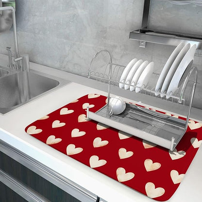Valentines Day Dish Drying Mat 18 x 24 Inch With Absorbent Reversible Microfiber Red Love Heart Valentine Drying Anniversary Wedding Dish Drainer Mat Fast Dry For Kitchen Dining Room Decor
