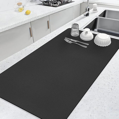 LOPNUR Kitchen Dish Drying Mat, 31.5"x17" Extra Large Dish Drying Mats for Kitchen Counter, Diatomite Coffee Mat Super Absorbent Dish Drying Pad, Heat Resistant Mat with Anti-slip Rubber Backed, Black