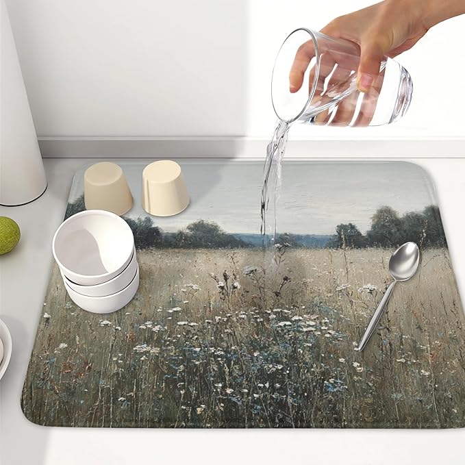 Oil Painting Drying Mat 18x16 Inch, Wildflowers Drying Mat with Absorbent Reversible Microfiber, Countryside Aesthetic Dish Drainer Mats Summer Rack Pad for Coffee Countertop Kitchen Protector