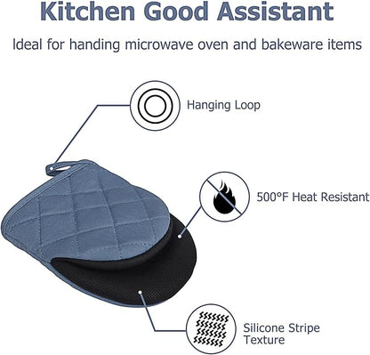 Short Oven Mitts, Heat Resistant 500°F, Silicone Grip Kitchen Gloves, Non-Slip for Baking, Grilling, BBQ, Machine Washable with Hanging Loop, 2-Pack Set, Sky Blue