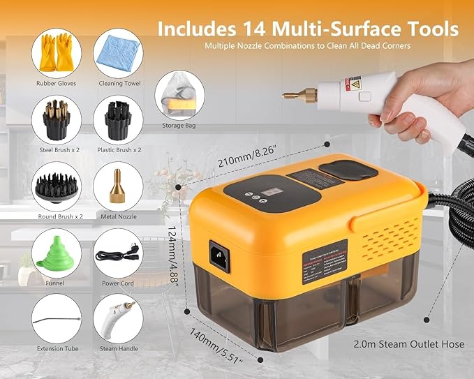 Steam Cleaner for Home, Handheld 2500W High Pressure Steamer for Cleaning, 9-Level Multipurpose Steam Cleaner for Car Detailing Floor Upholstery Kitchen Bathroom Grout Tile, 14 Accessories