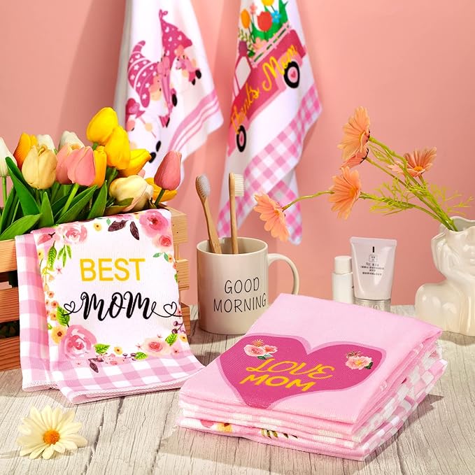 Zubebe 6 Pcs Best Mom Kitchen Dish Towel Set Absorbent Quick Dry Cloth 18 x 28 Inch Dish Towels Reusable Hand Towels Bar Dishcloths Rag Happy Mother's Day Decor for Bathroom Kitchen Supplies