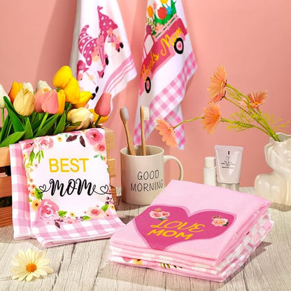 Zubebe 6 Pcs Best Mom Kitchen Dish Towel Set Absorbent Quick Dry Cloth 18 x 28 Inch Dish Towels Reusable Hand Towels Bar Dishcloths Rag Happy Mother's Day Decor for Bathroom Kitchen Supplies