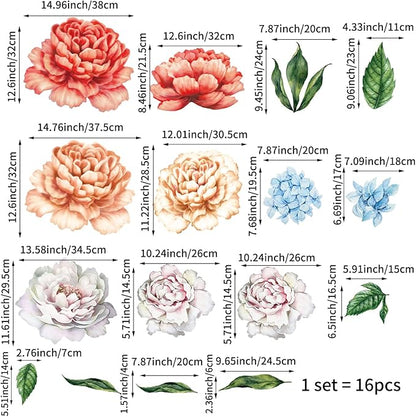 Large Peel and Stick Floral Bouquet Wall Decals Flowers Wall Stickers for Living Room Bedroom Accent Wall Decor, 16 PCS Boho Vintage Poney Garden