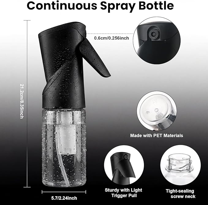 Spray Bottles 250ml/8.5oz 2 Pack Continuous Spray Bottle for Hair Refillable Fine Mist Sprayer Water Spray Bottles for Cleaning Kitchen Hair Care Skin Toner(Black)