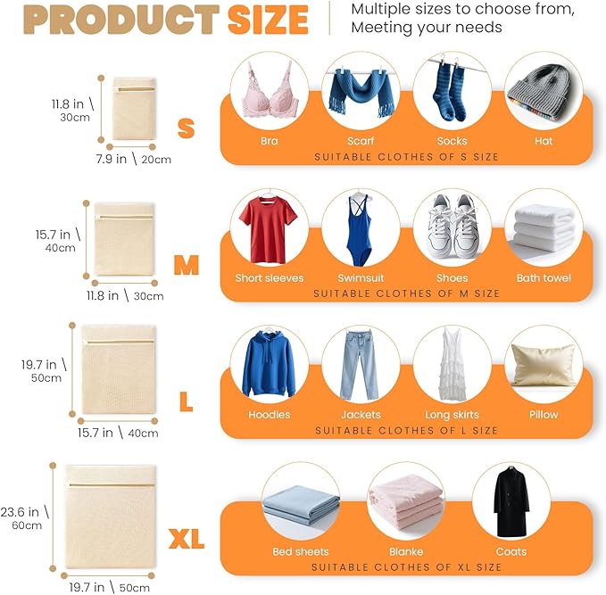 ABRRLO 4Pcs Cotton Mesh Laundry Bags for Delicates,Breathable Mesh Garment Bag for Washing Machine, Travel Wash Bags with Zipper for Bras, Underwear, Socks, Clothes, Laundry Dorm Room Essentials(S-XL)