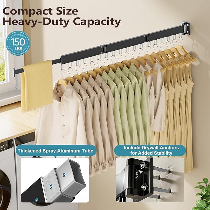 JAUREE Clothes Drying Rack Wall Mounted, Space-Saving Drying Rack Clothing, Collapsible Foldable Retractable Laundry Rack with 18 Hooks, Indoor/Outdoor, Black