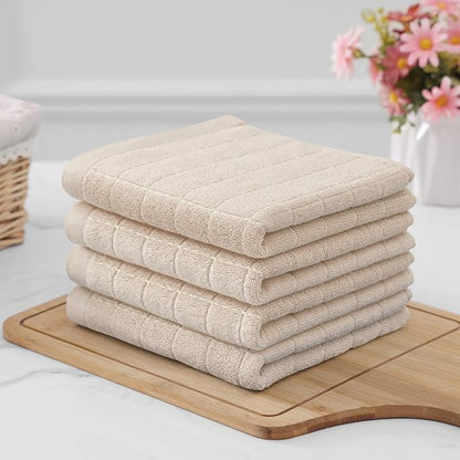 Homaxy 100% Cotton Terry Kitchen Towels(Beige, 13 x 28 inches), Checkered Designed, Soft and Super Absorbent Dish Towels, 4 Pack