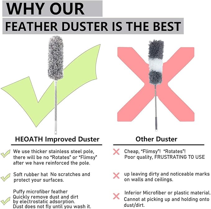Microfiber Feather Duster with Extendable Pole, 30-100 inches Extra Long Cobweb Duster for Cleaning, Bendable Head, Non-Scratch, Washable Duster for Ceiling, Fan, Furniture Gray