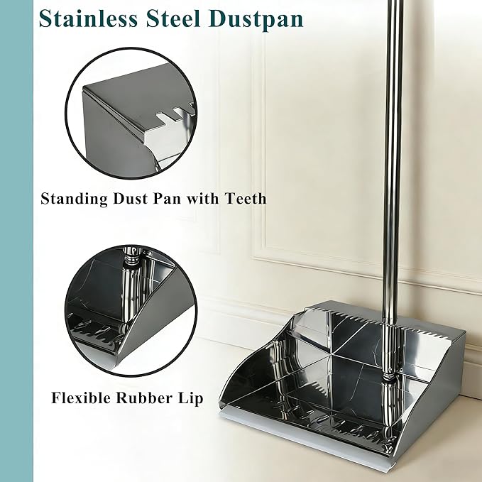 Metal Dustpan and Heavy Duty Broom Set, Stand Up Dustpan with Outdoor Stiff Bristles Broom for Hardwood Patio Room Office Floor Sweeping