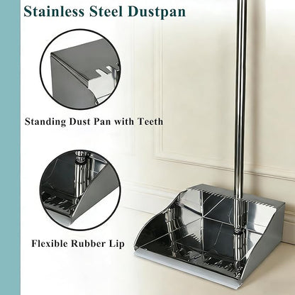 Metal Dustpan and Heavy Duty Broom Set, Stand Up Dustpan with Outdoor Stiff Bristles Broom for Hardwood Patio Room Office Floor Sweeping