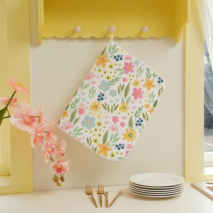 Spring Yellow Pink Blue Floral Dish Drying Mats 18x24 Inch Watercolor Flower Spring Drying Mats Seasonal Absorbent Drying Dish Pad Rack Drainer Mats for Kitchen Dining Room Counter Decorations