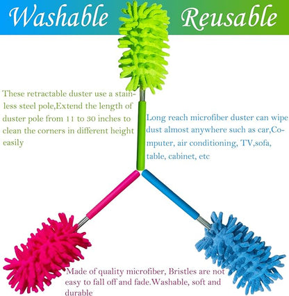 M-Jump 3 Pack Retractable Long-Reach Washable Duster for Cleaning, Microfiber Hand Duster Brush with Telescoping Pole for Cleaning Car, Window, Furniture, Office