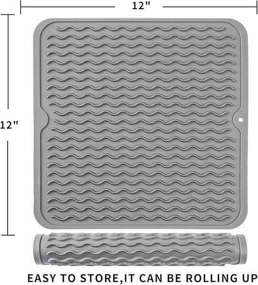MicoYang Silicone Dish Drying Mat for Multiple Usage,Easy clean,Eco-friendly,Heat-resistant Silicone Mat for Kitchen Counter or Sink,Refrigerator or Drawer liner Grey M 12 inches x 12 inches