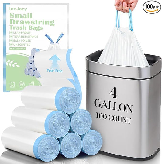 100 Count Small Drawstring Trash Bags for 4-Gallon (15 L) Trash Cans, Thick Pre-separated Garbage Bags, Mini Wastebasket can Liners for Bathroom Bedroom Office(White)