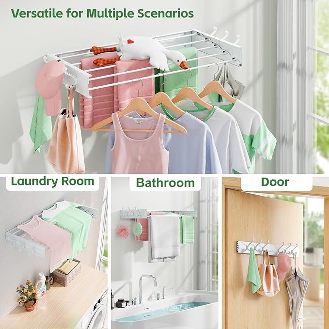 BAKON Wall-Mount-Clothes-Drying-Rack for Bathroom, Foldable-Drying-Rack-Clothing for Small Space, 31.5'' Laundry-Dry-Rack-Collapsible with 6 Hooks and 5 Poles for Living Room, Bedroom, White