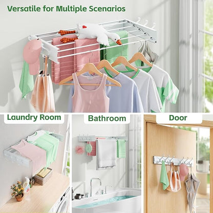 BAKON Wall-Mount-Clothes-Drying-Rack for Bathroom, Foldable-Drying-Rack-Clothing for Small Space, 31.5'' Laundry-Dry-Rack-Collapsible with 6 Hooks and 5 Poles for Living Room, Bedroom, White