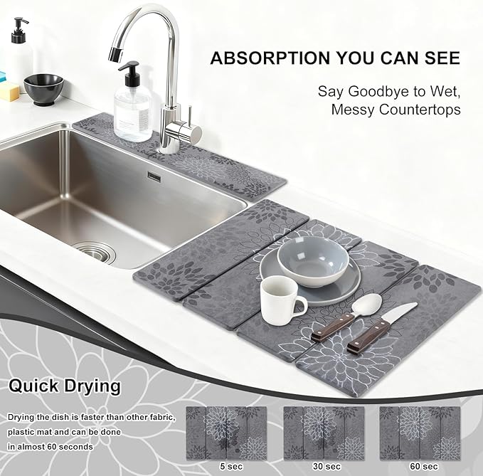 3 PCS Large Stone Dish Drying Mat for Kitchen Counter, Quick Dry Stone Dishes Mats Cup Coasters, Sink Faucet Mat, Water Absorbing Diatomaceous Earth Drying Pad for Countertop Tableware, Bottles