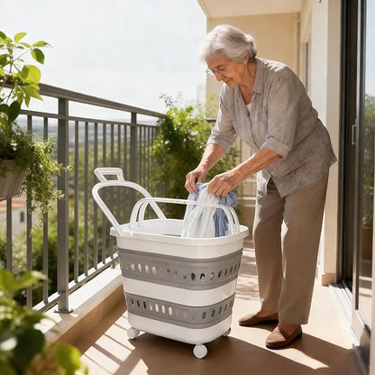 2 Pcs 50L Collapsible Plastic Laundry Basket Hamper with Wheels, Foldable Laundry Basket with Handles, Pop Up Storage Container Organizer for Washing Storage