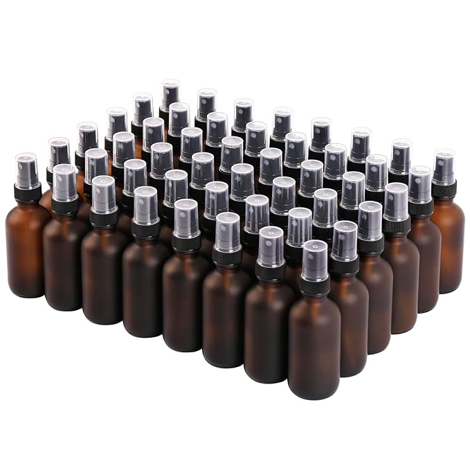 NOOEEISS Green Glass Small Spray Bottles 2 oz 48 Packs,Fine Mist Sprayer Pretty Finish,Refillable Containers mini spray bottles for Cleaning Solutions and Skin Care (Amber Frosted 48Pack)