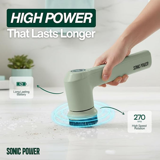 Electric Spin Scrubber – Handheld & Ergonomic, IPX7 Waterproof, 4 Multi-Purpose Brush Heads, Long-Lasting Rechargeable Battery – Cleans Dishes, Bathroom, Tile, Grout & Kitchen (Sage)