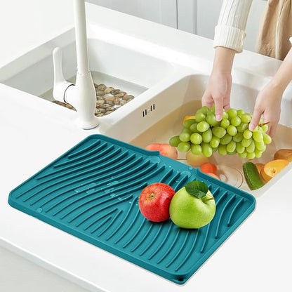 TIKNIK Silicone Dish Drying Mat, Stone Drying Mat for Kitchen Counter with Built-In Drain, Non-Slip Drain Pad with Built-in Drain, Heat Resistant Stone Drying Mat, Hangable, Green-1pcs, 16" x 12"