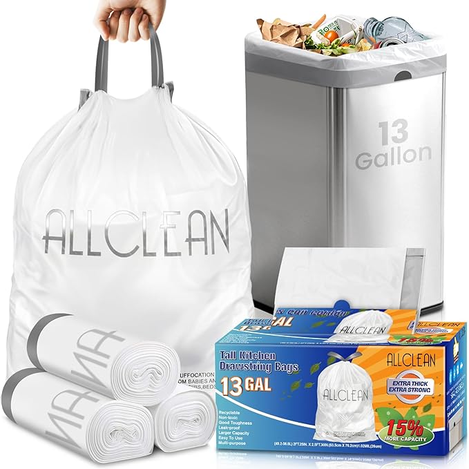 Trash Bags 13 Gallon Tall Kitchen Drawstring Garbage Bags,Fit 13 Gal Bins,Heavy Duty Tear&Leak Resistant Unscented Recyclable Trash Can Liners for Home Office Bathroom Garden Garage Outdoor