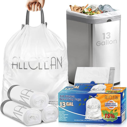 Trash Bags 13 Gallon Tall Kitchen Drawstring Garbage Bags,Fit 13 Gal Bins,Heavy Duty Tear&Leak Resistant Unscented Recyclable Trash Can Liners for Home Office Bathroom Garden Garage Outdoor
